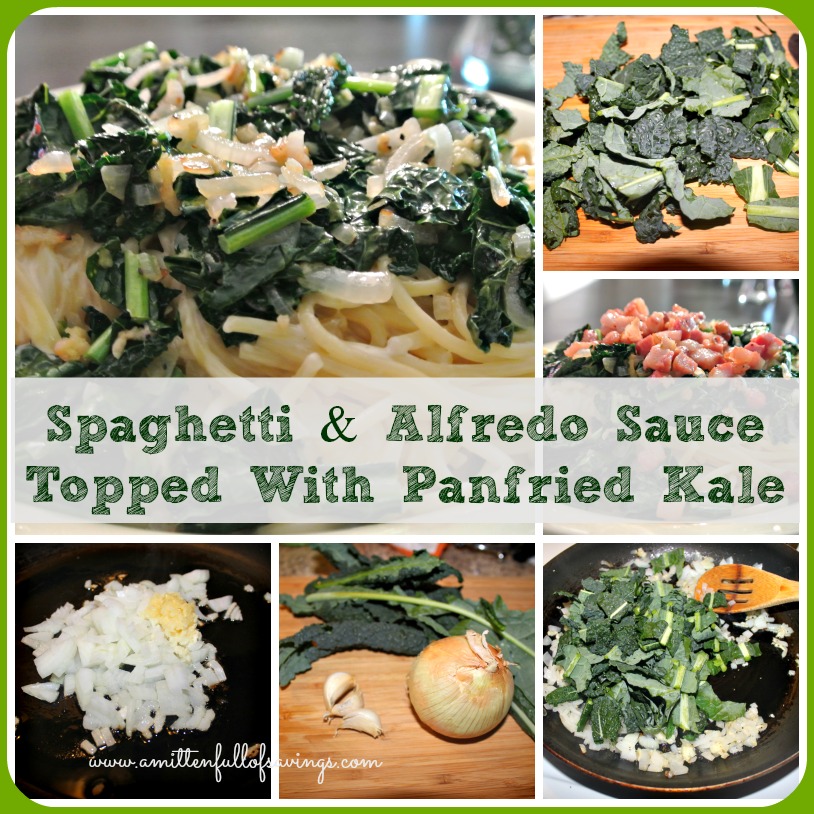 Spaghetti & Alfredo Sauce Topped With Panfried Kale