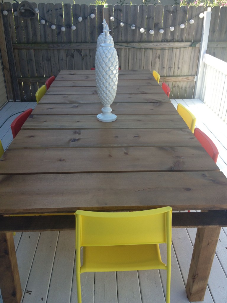 outdoor dining table with red chairs