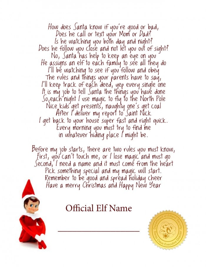 Elf on the shelf free printable