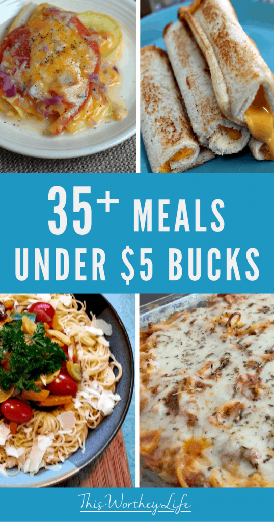 We all love saving money on food. We've rounded up 35 budget-friendly dinner ideas under $5 bucks!  Get easy dinner ideas that are quick to make, plus budget-friendly! Head to the blog to see a roundup of dinner ideas! 