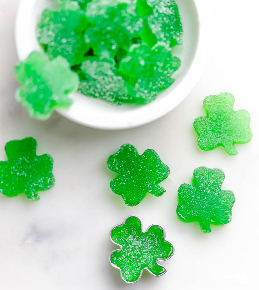 homemade gumdrops in green on a white background