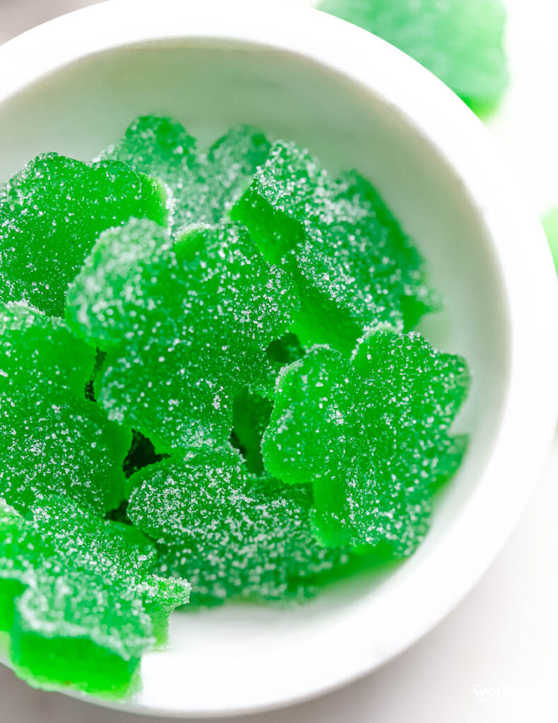 st. Patrick's day gumdrops in a white bowl