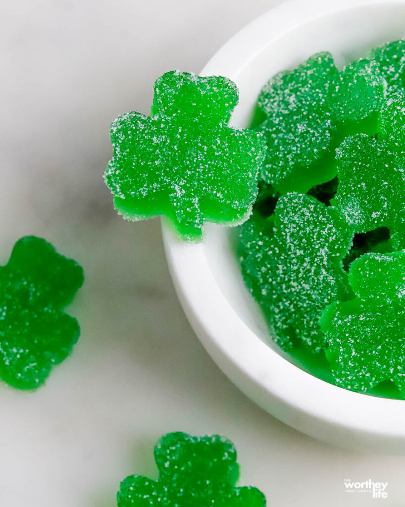 shamrock homemade gumdrops in a white bowl