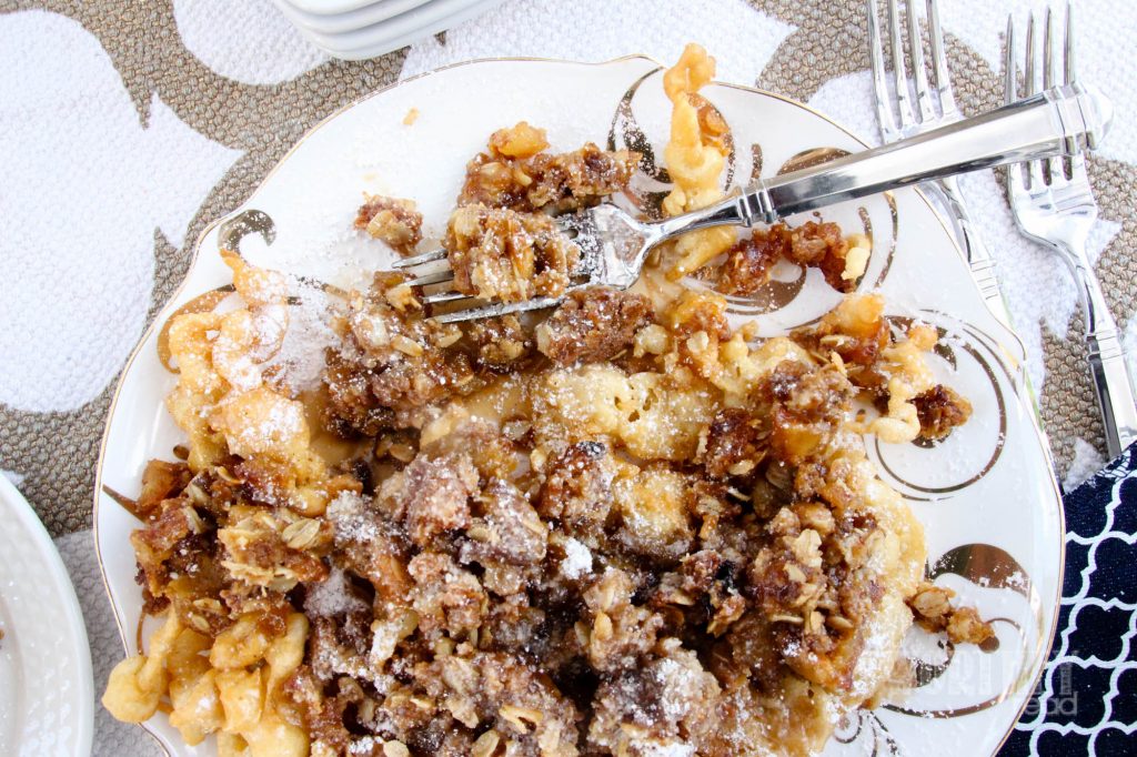 Apple Crisp Funnel Cake with Homemade Caramel