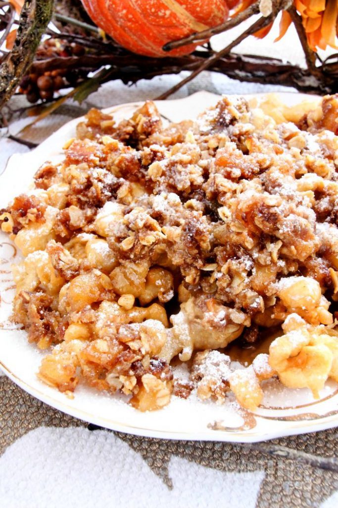 Apple Crisp Funnel Cake with Homemade Caramel