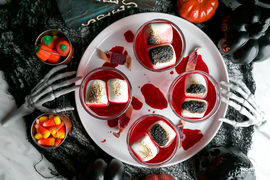 Halloween red shots with toasted marshmallows