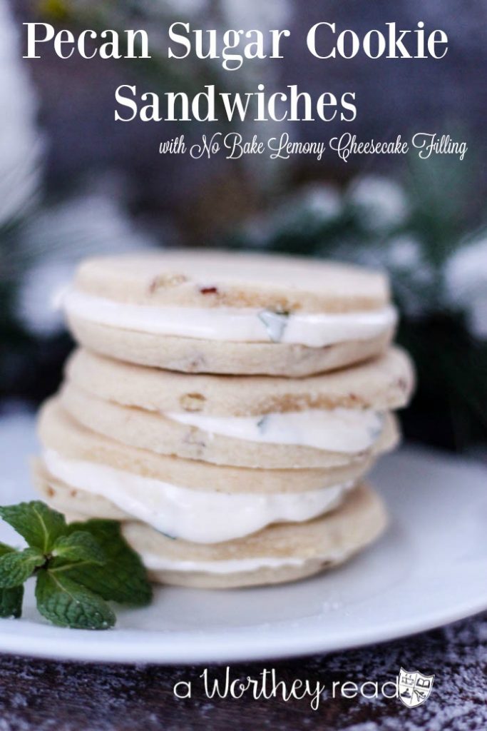 Easy Cookie recipe with peppermint: Pecan Sugar Cookie Sandwiches with No Bake Lemony Cheesecake Filling