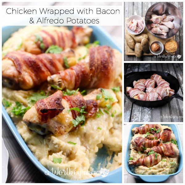Easy and quick dinner idea that kids will love! Chicken Wrapped Bacon & Alfredo Potatoes