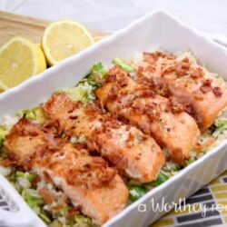 A delicate and delicious fish recipe filled with greens, savory rice and salmon! Our Herb Marinated Salmon & Savory Rice will not only have everyone wanting seconds, but it's a balanced dinner idea!