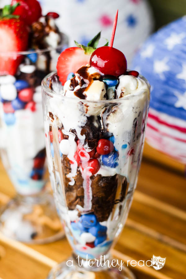 Easy summer dessert involving chocolate, candy, brownies and your favorite ice-cream! Great for a 4th of July Treat! Red, White and Blue Ice Cream & Brownie Parfaits