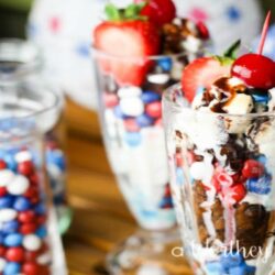 Easy summer dessert involving chocolate, candy, brownies and your favorite ice-cream! Great for a 4th of July Treat! Red, White and Blue Ice Cream & Brownie Parfaits