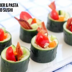 Party appetizer idea. Or appetizers for a BBQ or Tea Party, we have you covered with our Cucumber & Pasta Salad Sushi idea. These appetizers are filling, delicious and healthy!