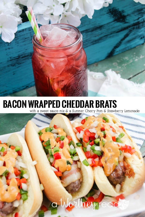 Easy summertime dinner idea under 20 minutes: Easy summer time meal under 20 minutes- Bacon Wrapped Cheddar Brats with sweet tomato sauce