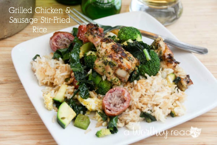Our Grilled Chicken & Sausage Stir-Fried Rice might just make regular stir-fry obsolete. Why? For starters this one has smoked bratwurst sausage and mini-chicken drummies with our super fresh Garden Herb Chimmichurri! Get through to get this easy stir-fry recipe!