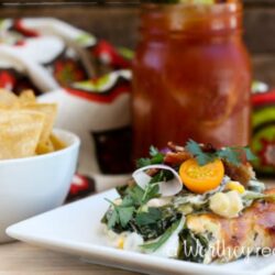 Hot Spinach & Sweet Corn Dip with Bacon Mini Salad & The Bloody Mary With Roasted Carrot & Pepper Cocktail. This combination packs a powerful punch of hot spices, but not too hot. Dripping with cheesy goodness and corn, this easy appetizer is perfect for a summer picnic or a game day appetizer!