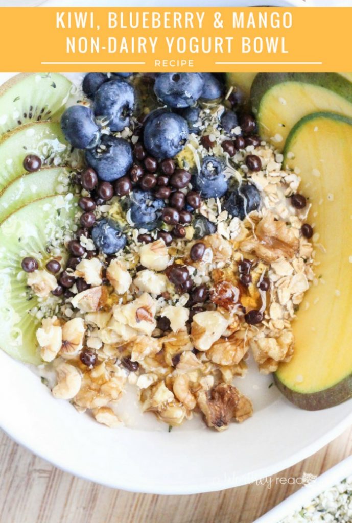 Here's an easy breakfast idea for the non-dairy fans. Smoothie bowls, yogurt bowls are quite popular these days, and this Kiwi, Blueberry & Mango Non-Dairy Yogurt Bowl will soon become a favorite for breakfast. It combines several fruits (Kiwi, Blueberries, and Mango) and necessary essentials (Hemp Hearts, California Walnuts, Vegan Oatmeal) to start your day off on the right foot! 