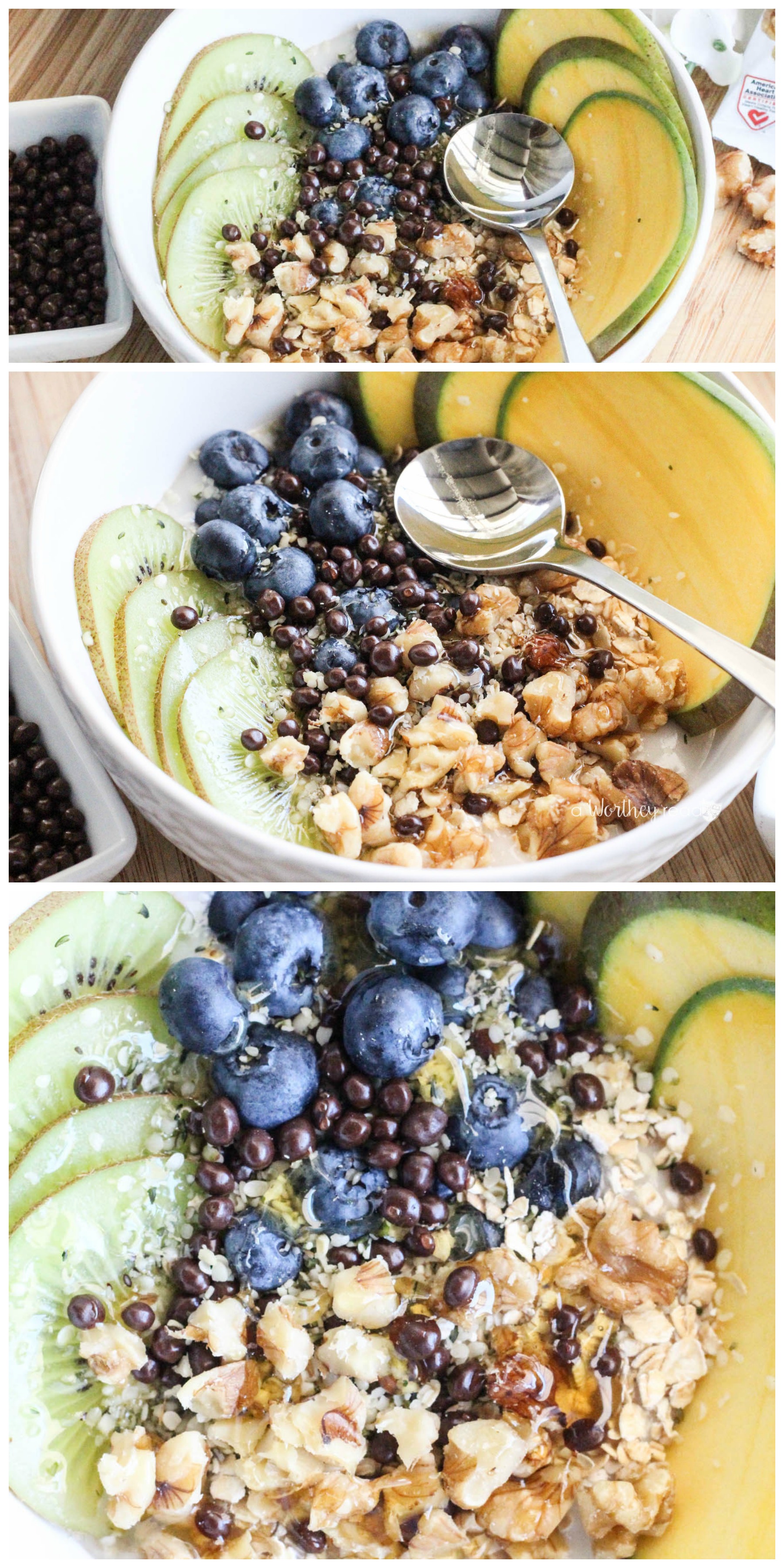 Here's an easy breakfast idea for the non-dairy fans. Smoothie bowls, yogurt bowls are quite popular these days, and this Kiwi, Blueberry & Mango Non-Dairy Yogurt Bowl will soon become a favorite for breakfast. It combines several fruits (Kiwi, Blueberries, and Mango) and necessary essentials (Hemp Hearts, California Walnuts, Vegan Oatmeal) to start your day off on the right foot! 