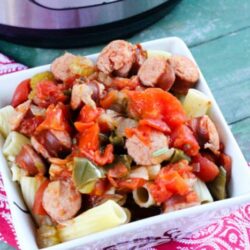 Easy, weeknight dinner idea using an Instapot using Sausage, peppers, onions, celery, mushrooms, tomatoes, and pasta- Sausage Cacciatore. This super easy InstaPot recipe is a winner for the whole family.