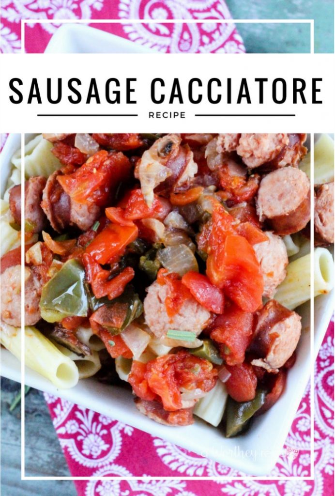 Easy, weeknight dinner idea using an Instapot using Sausage, peppers, onions, celery, mushrooms, tomatoes, and pasta- Sausage Cacciatore. This super easy InstaPot recipe is a winner for the whole family.