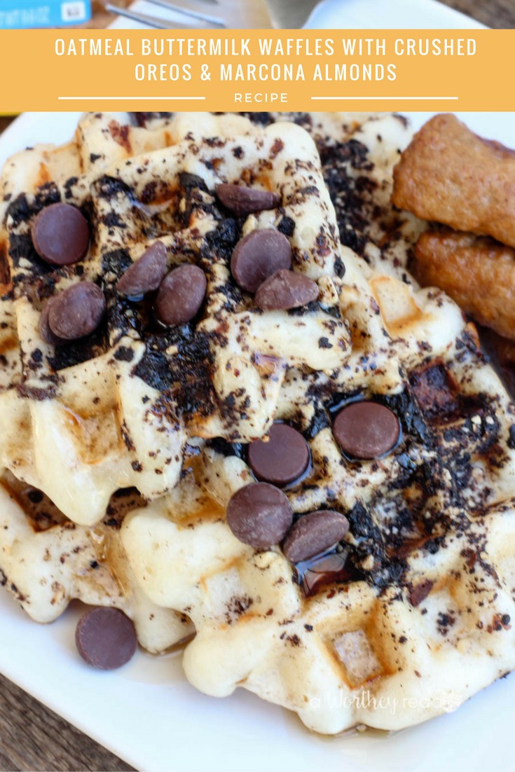 Get breakfast on the table within 10 minutes with our easy waffle recipe! - Oatmeal Buttermilk Waffles with Crushed Oreos & Marcona Almonds