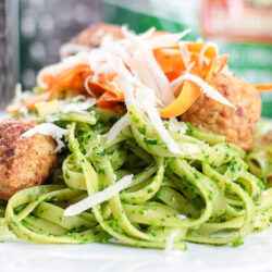 Easy Pasta Dinner Idea in under 30 minutes. Try our Winter Pesto Pasta recipe with Meatballs for dinner!