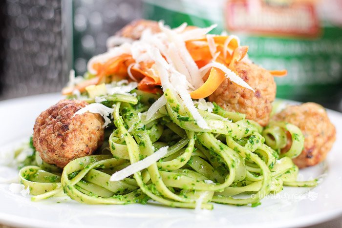 Easy Pasta Dinner Idea in under 30 minutes. Try our Winter Pesto Pasta recipe with Meatballs for dinner!