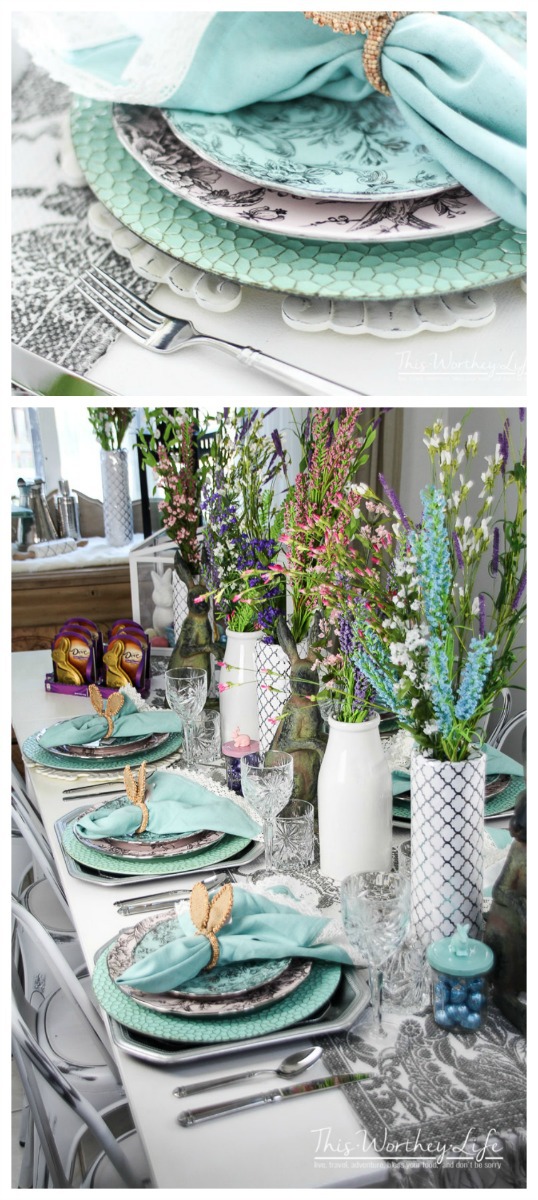 Plan the perfect Spring party with this elegant tablescape idea. Get the details on how to decorate your table for Spring. This is also a wedding tablescape idea on a budget!