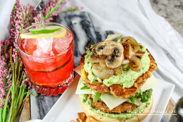 Double Salmon Burger w- Avocado Mayo + Caramelized Onions and Mushrooms