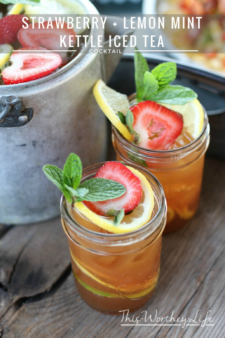 Cool down this summer with our summer tea cocktail. This adult iced tea is filled with strawberries, lemon, Jack Daniels, and mint. Plus, making it in a kettle is an extra bonus! Get the recipe on the blog!