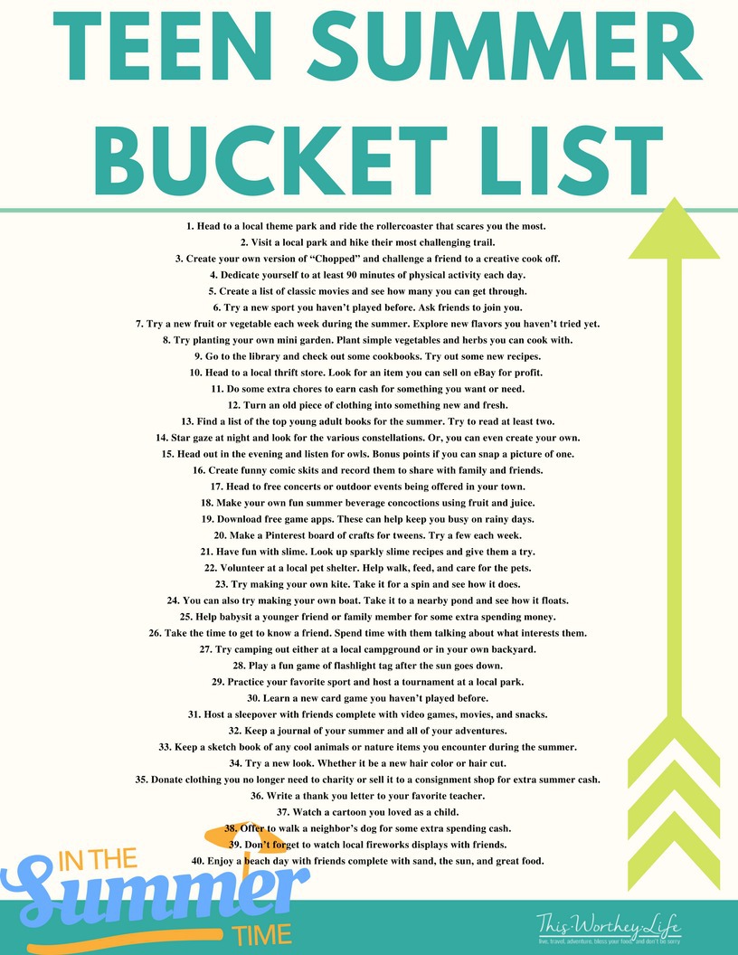 Summer is here, and the kids are out of school. Here's a list of things for teens to do over the summer. Check out our ultimate summer bucket list for teens, which includes a free printable of teen activities! I'm sure your teen will find a thing or two to do on this list over the summer! 