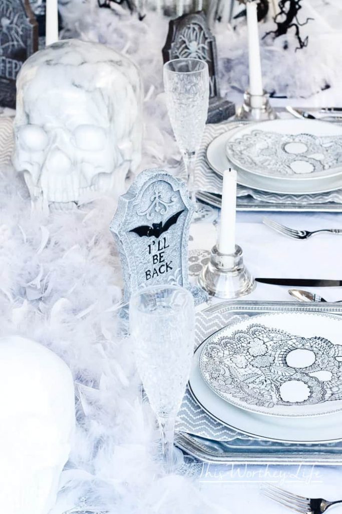 Halloween Decor Idea: Grey & White Skeleton Graveyard Tablescape