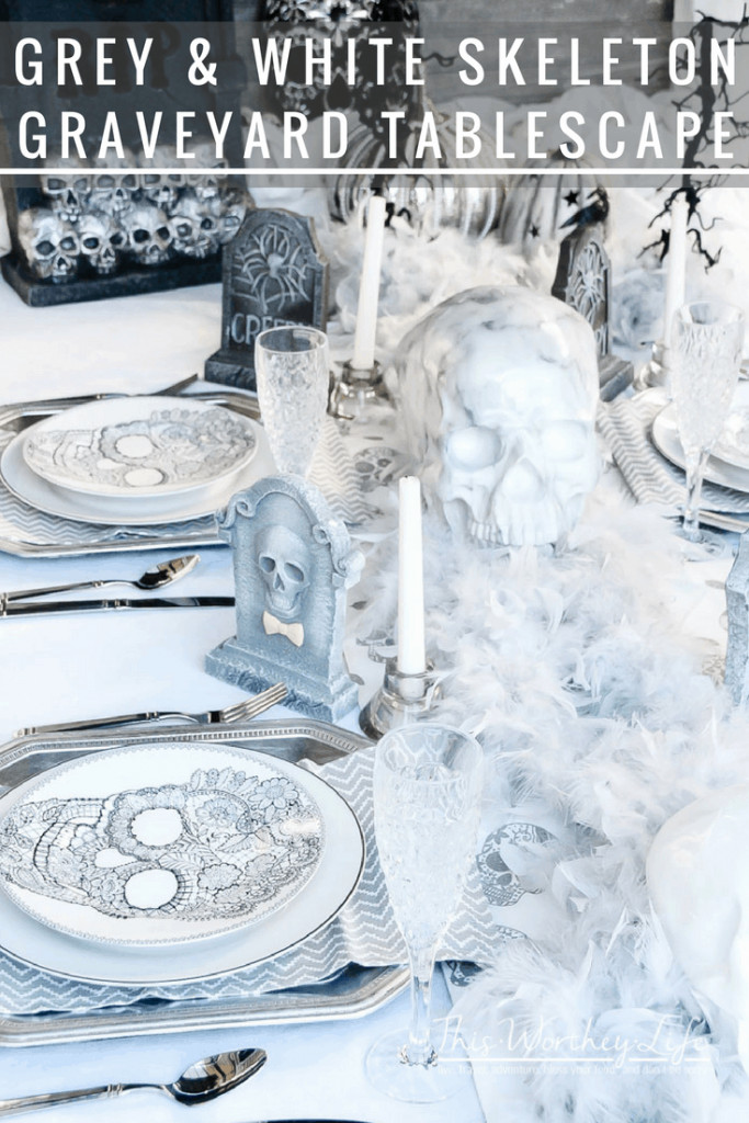 Pull out the Halloween decor and create a beautiful and creative Halloween Tablescape. We put together a Grey & White Skeleton Graveyard Tablescape worth checking out! 