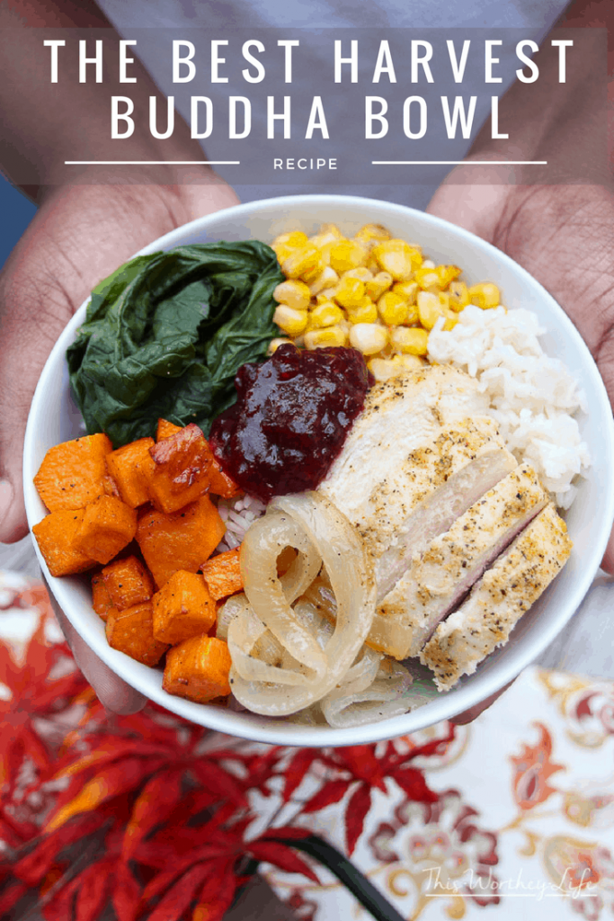 It's Thanksgiving in a bowl! Create a harvest buddha bowl with fresh produce, Jasmine rice, and deliciously seasoned chicken breasts. Get the recipe for our savory, with a sweet hint of Cranberry Sauce +Mint harvest on the blog. This is also a great way to use up Thanksgiving leftovers.