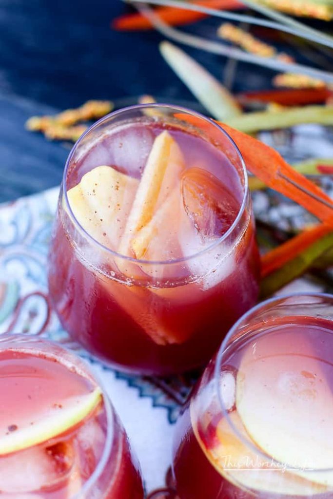 Mix up a batch of our Fall Fruit Sangria and enjoy so many of autumn's favorite fall flavors. It's mixed with slices of sweet apples, ripe plums, peaches, and a mix of slightly bubbly Rosé and delicious apple cider. The whole thing is sweetened with our homemade Blueberry + Cranberry Simple Syrup. 