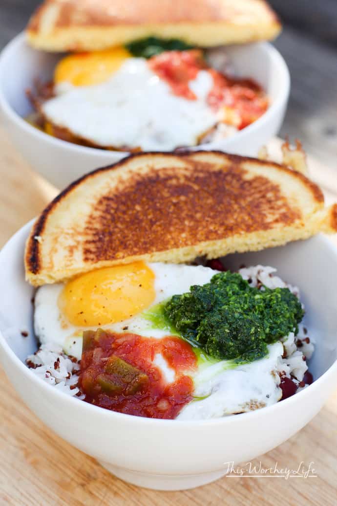 Warm up with this comfort food. Our Southern Breakfast bowl is filled with Jasmine rice, red beans, quinoa, fried egg, chimichurri sauce, and salsa, along with a side of hoecakes. Try our easy breakfast recipe- Red Beans + Rice Southern Breakfast bowl. 