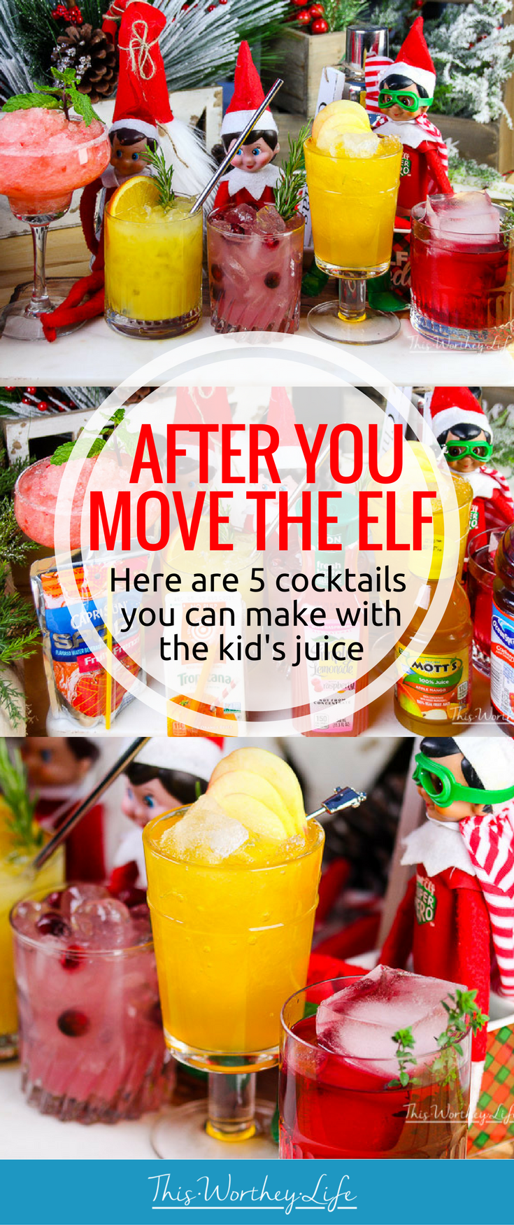 Don't let the stress of moving the Elf on the Shelf each night get the best of ya! Here are 5 cocktails using the kid's juice you can make after you move the Elf on the Shelf. Don't have an Elf, these cocktails ideas are easy to make using what you have in the fridge. 