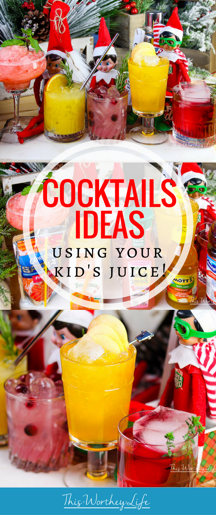 Don't let the stress of moving the Elf on the Shelf each night get the best of ya! Here are 5 cocktails using the kid's juice you can make after you move the Elf on the Shelf. Don't have an Elf, these cocktails ideas are easy to make using what you have in the fridge. 