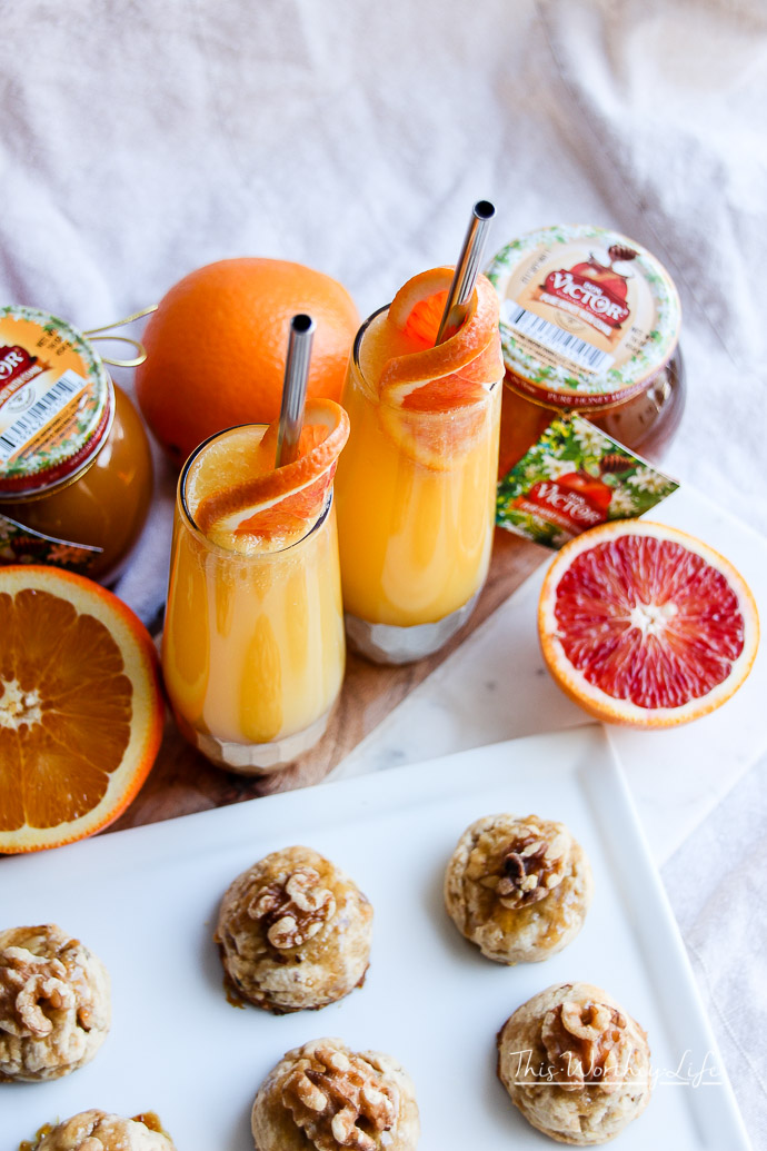 Ring in the New Year with a Honey Orange Mimosa Cocktail. Paired with a Honey Walnut Cookie, these recipes are great for parties, a girl's night out, brunch, or breakfast and dessert in bed. 