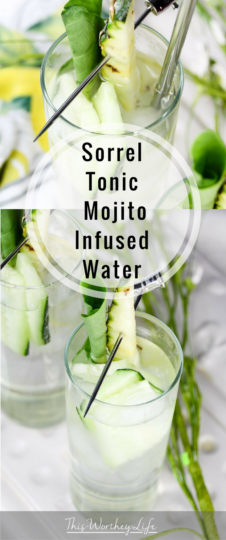 Cool off with this refreshing infused water drink! It's made with a sorrel simple syrup, tonic water, fresh cucumbers, and pineapple.  Our Sorrel Tonic Mojito Infused Water will be one drink you'll want to have again and again during the warmer weather.