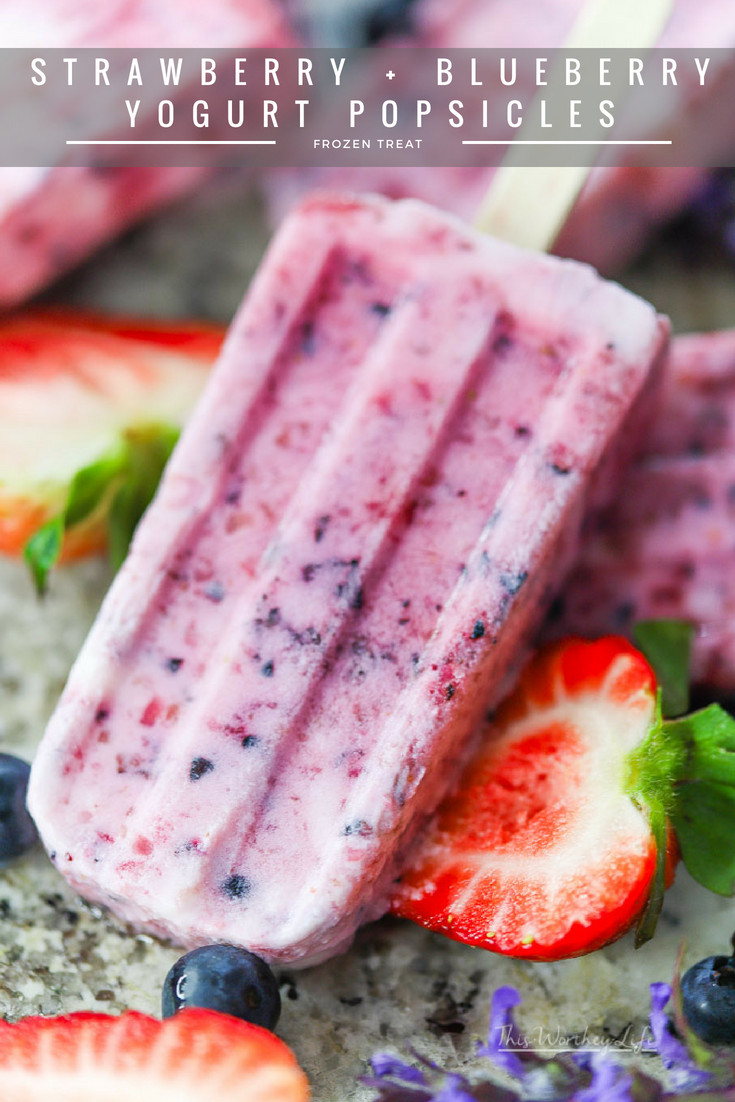 With our super easy popsicle recipe, you will have the bases covered when it comes to eating delicious fruit-filled frozen treats this summer. With yogurt, fresh produce, and three other ingredients, you can put together our Strawberry + Blueberry Yogurt Popsicles in no time.
