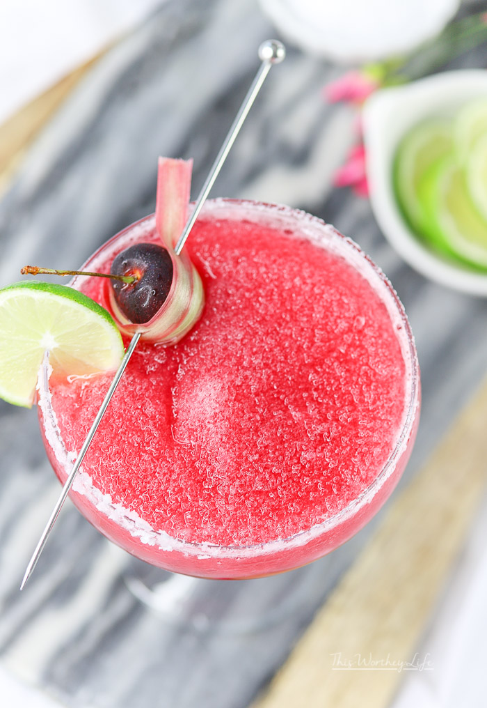 Cocktail using bourbon, taste of Michigan cherries and backyard garden rhubarb