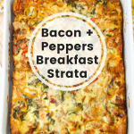 Take breakfast to a new level with our loaded bacon + peppers breakfast strata! Oozing with a variety of cheeses, fresh peppers, thick-cut bacon, collard greens, onions and more, this loaded strata says, breakfast is served!