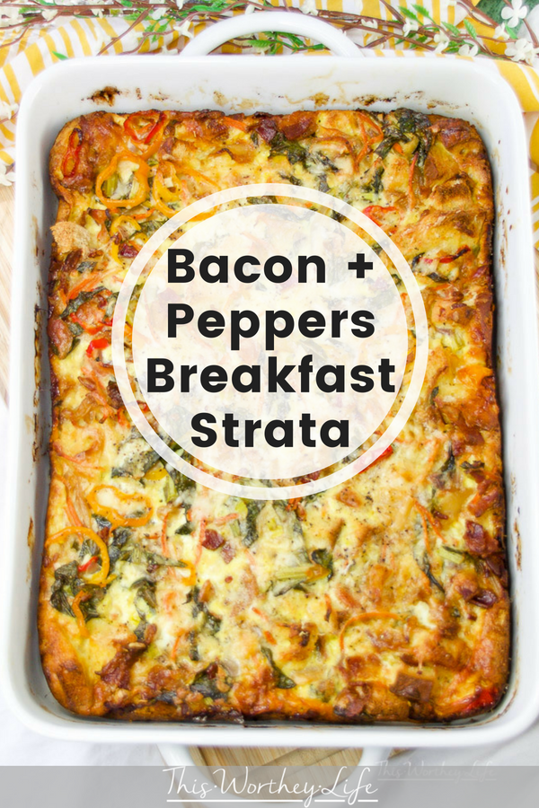 Take breakfast to a new level with our loaded bacon + peppers breakfast strata! Oozing with a variety of cheeses, fresh peppers, thick-cut bacon, collard greens, onions and more, this loaded strata says, breakfast is served!