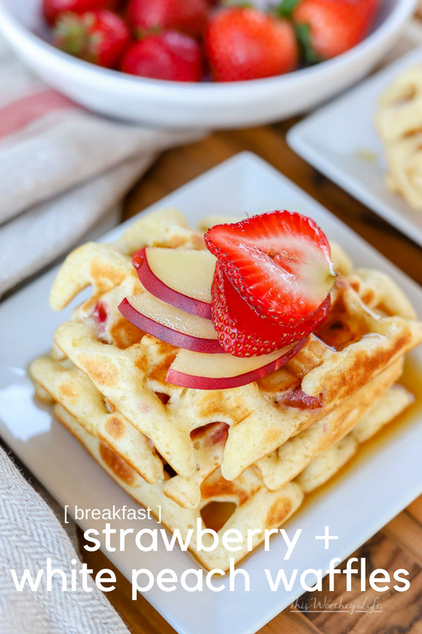Use our breakfast hack on making "homemade" waffles with pancake mix. With fresh fruit such as strawberries and white peaches, this easy waffle recipe can be made in just a few minutes, which is perfect for those busy school mornings.  Easy Waffle Recipe | Strawberry + White Peach Waffles