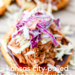 BBQ Pulled Chicken Sandwiches are a great appetizer for game day parties, BBQ outings, and any other time when you're feeling in the mood for BBQ chicken. Topped with coleslaw and bacon, you can't go wrong with these Kansas City BBQ Pulled Chicken Sandwiches. 