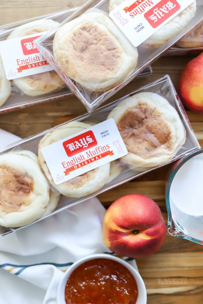 Bays English Muffins in packaging on cutting board