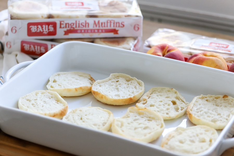 Sliced English Muffins in white casserole pan