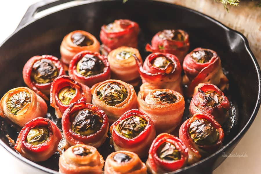 Bacon Wrapped Brussels Sprouts with Balsamic Vinegar + White Cheddar