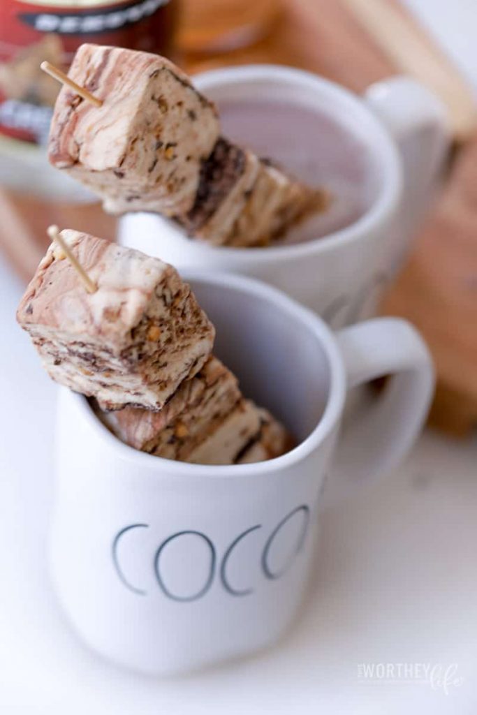 snickermarshmallows sitting in a rae dunn cocoa mug