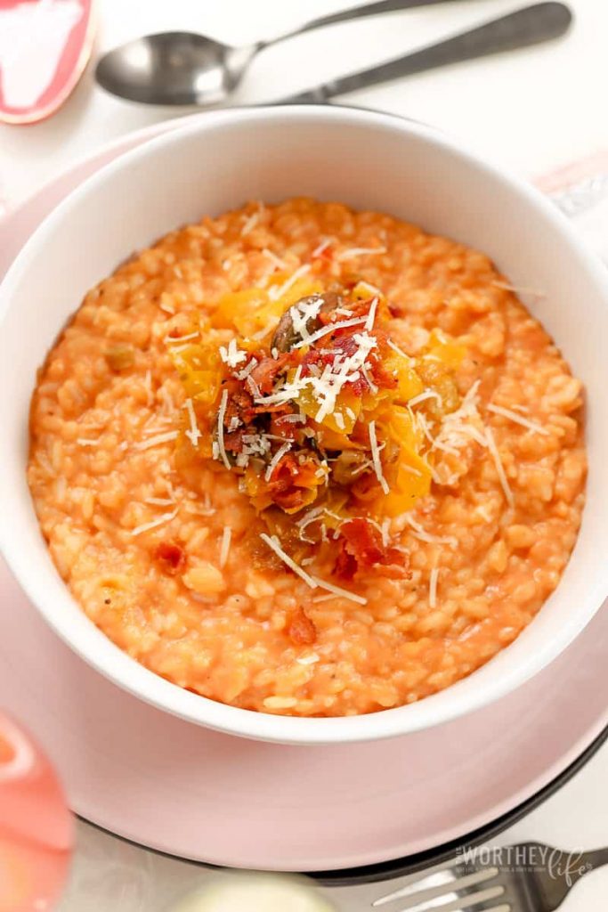 Up your Valentine's Day dinner idea by creating a delicious and savory Risotto dish. With butternut squash, mushrooms, rosa creme, bacon, and Bertolli pasta sauce, this short-grain rice dish is perfect for a date night at home (or just because you love risotto!) We're sharing tips on how to make the perfect risotto on the blog.